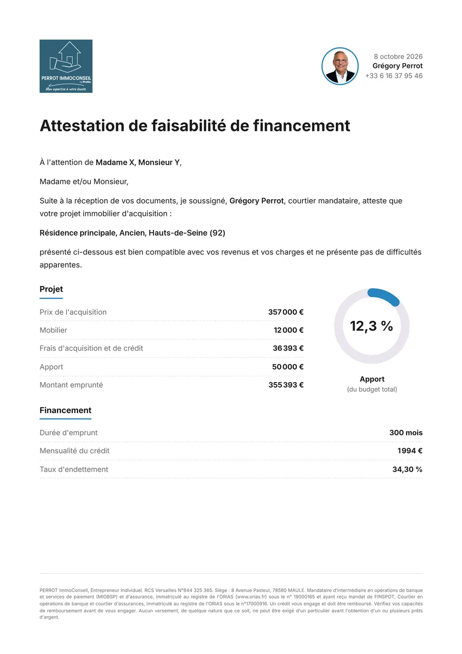 Exemple d'attestation de faisabilité de financement PERROT ImmoConseil (anonymisée)